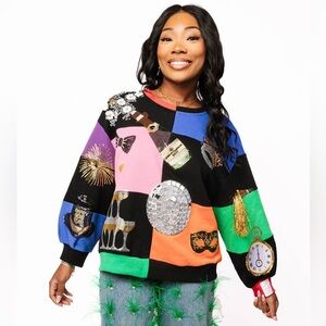 QUEEN OF SPARKLES Multi Checkered NYE Icon Sweatshirt Top NWT Sold Out RARE